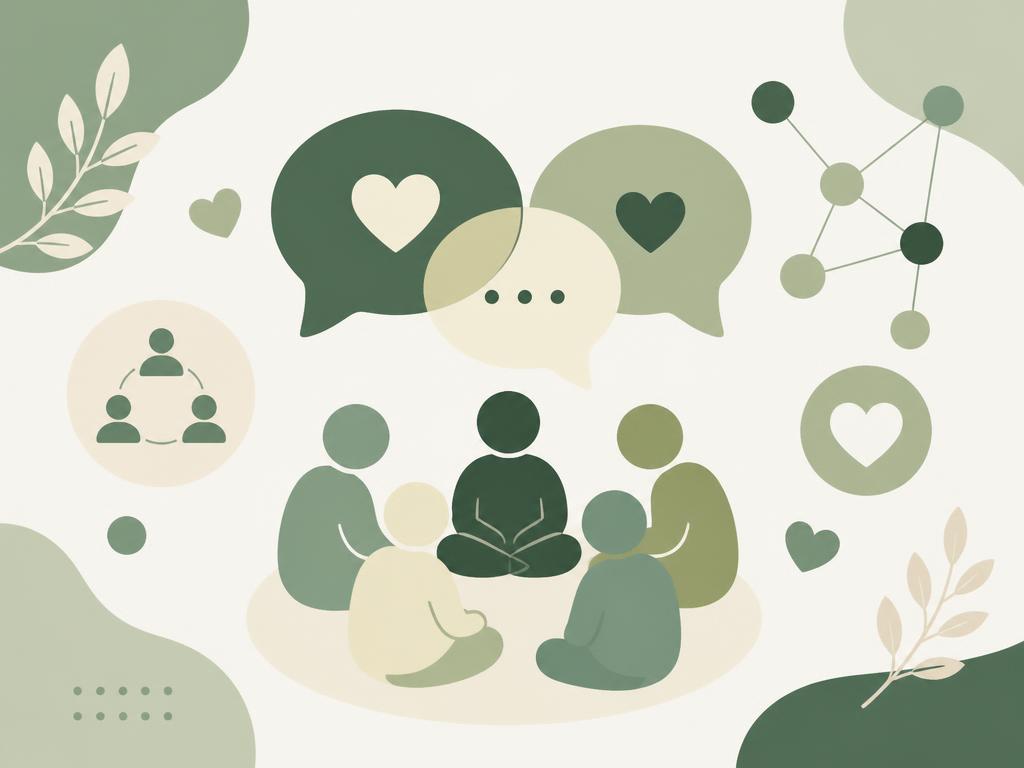 Illustration of speech bubbles, hearts, and connected figures for social wellness