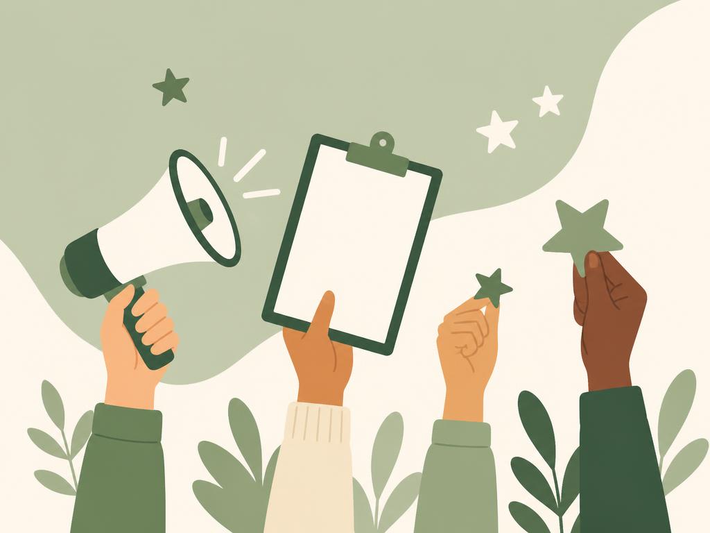 Illustration of raised hands holding a megaphone and clipboard for youth leadership