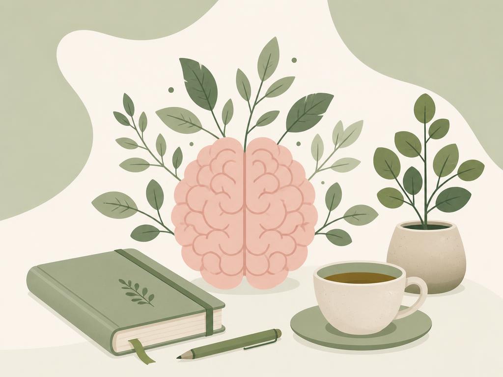 Illustration of a brain with growing leaves, a journal, and a teacup for mental wellness