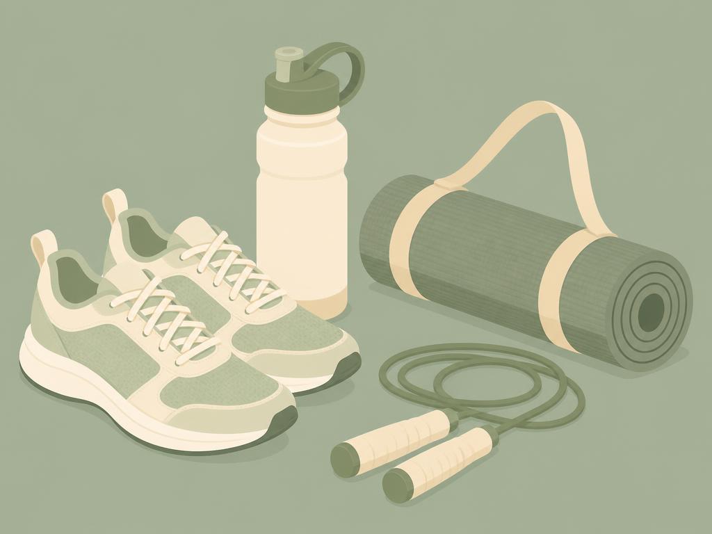 Illustration of sneakers, water bottle, yoga mat, and jump rope for fitness